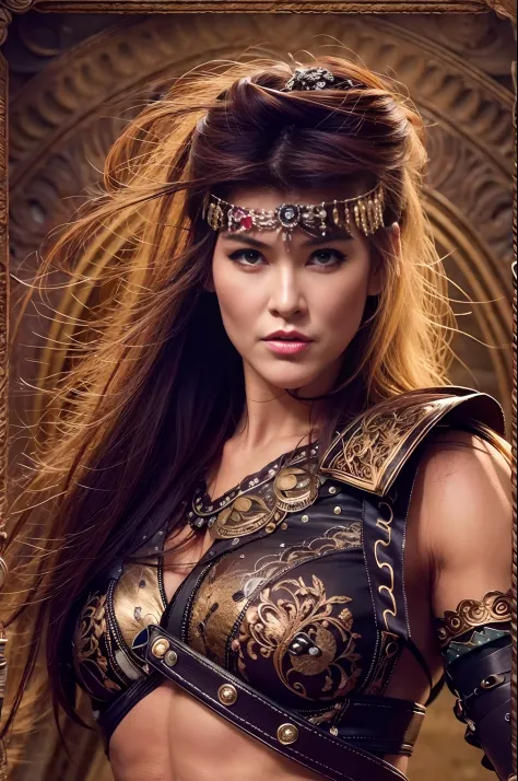 una mujer vestida como xena, the warrior princess and with a strange style of hair and makeup, pose for the cover of a rock meta...