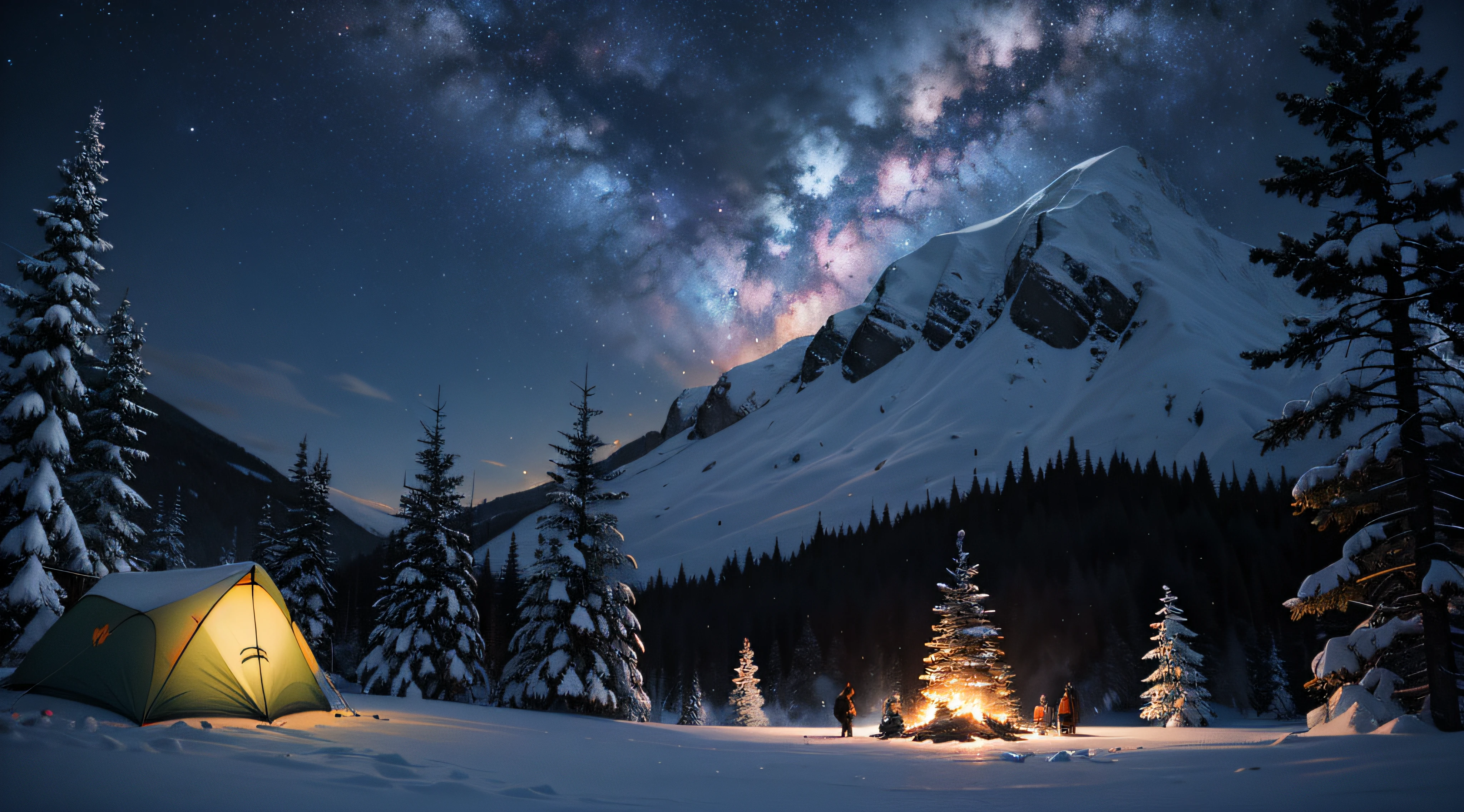 montanhas de neve，galáctico，céu estrelado，Na floresta，cachoeira，luz cinematográfica，acampamento，fogueiras