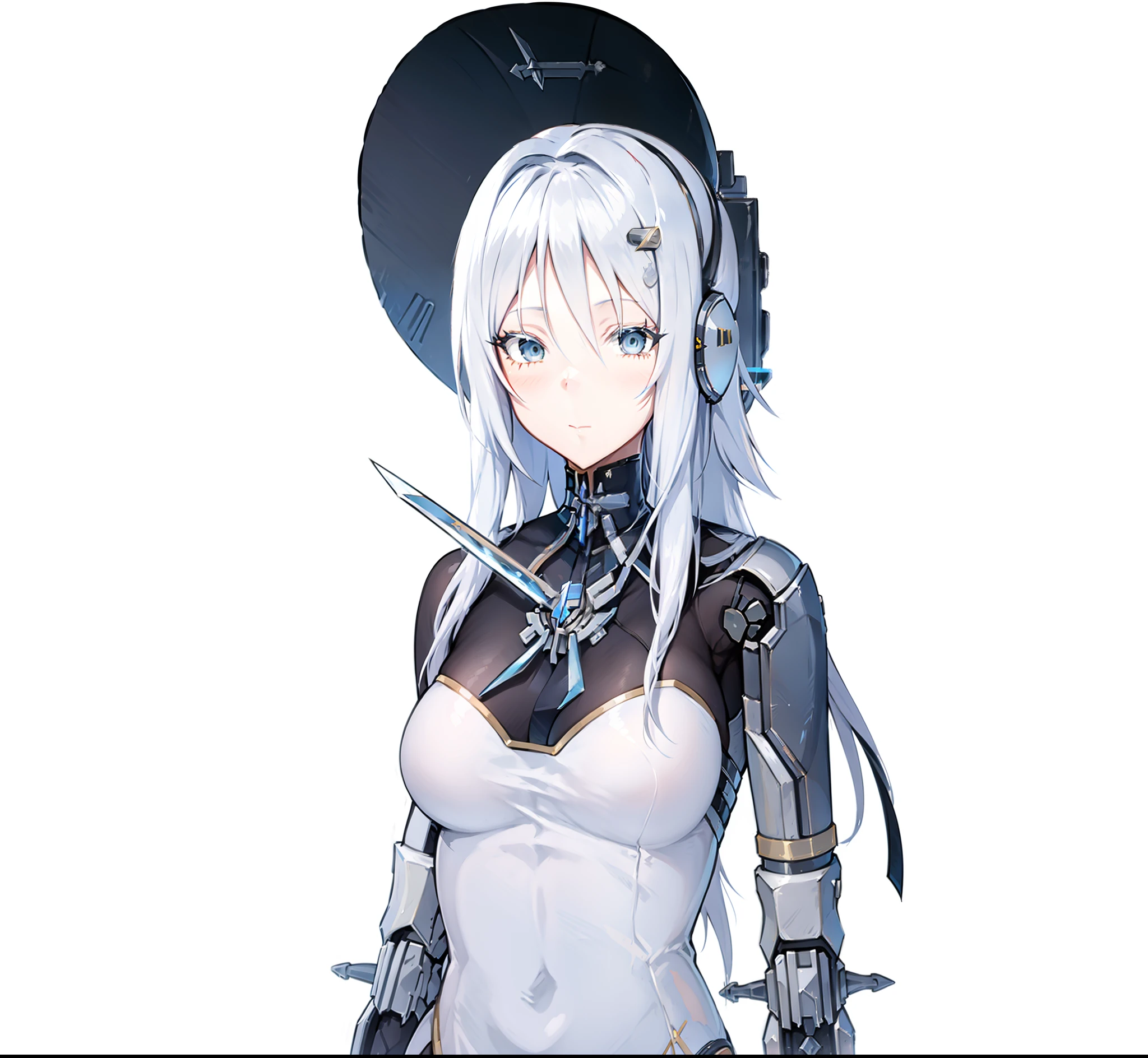 Anime-Mädchen mit Schwert und Rüstung, Cyborg - Mädchen mit silbernem Haar, Cyborg-Händlermädchen, mechanisiertes Walkürenmädchen, Mädchen in Mecha-Cyber-Rüstung, perfect Anime-Cyborg woman, Anime-Cyborg, cyberpunk anime girl mech, bestes Anime 4k Konachan-Hintergrundbild, Ferra weißer Mecha, weiblicher Anime-Charakter, von Mädchenfrontline, Kantai-Kollektionsstil, weiblicher Mecha