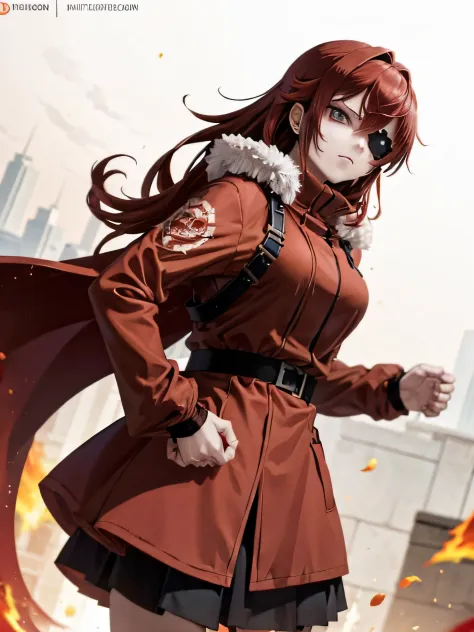 An anime girl wearing red clothes, wearing a red overcoat. On her face, she wears an eye patch. fiery red hair