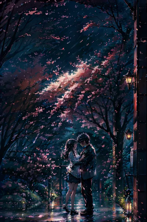 Lovers in the rain, Beautiful scene, masutepiece, of the highest quality, High quality, Highly detailed CG, 8K Wallpaper, Art St...