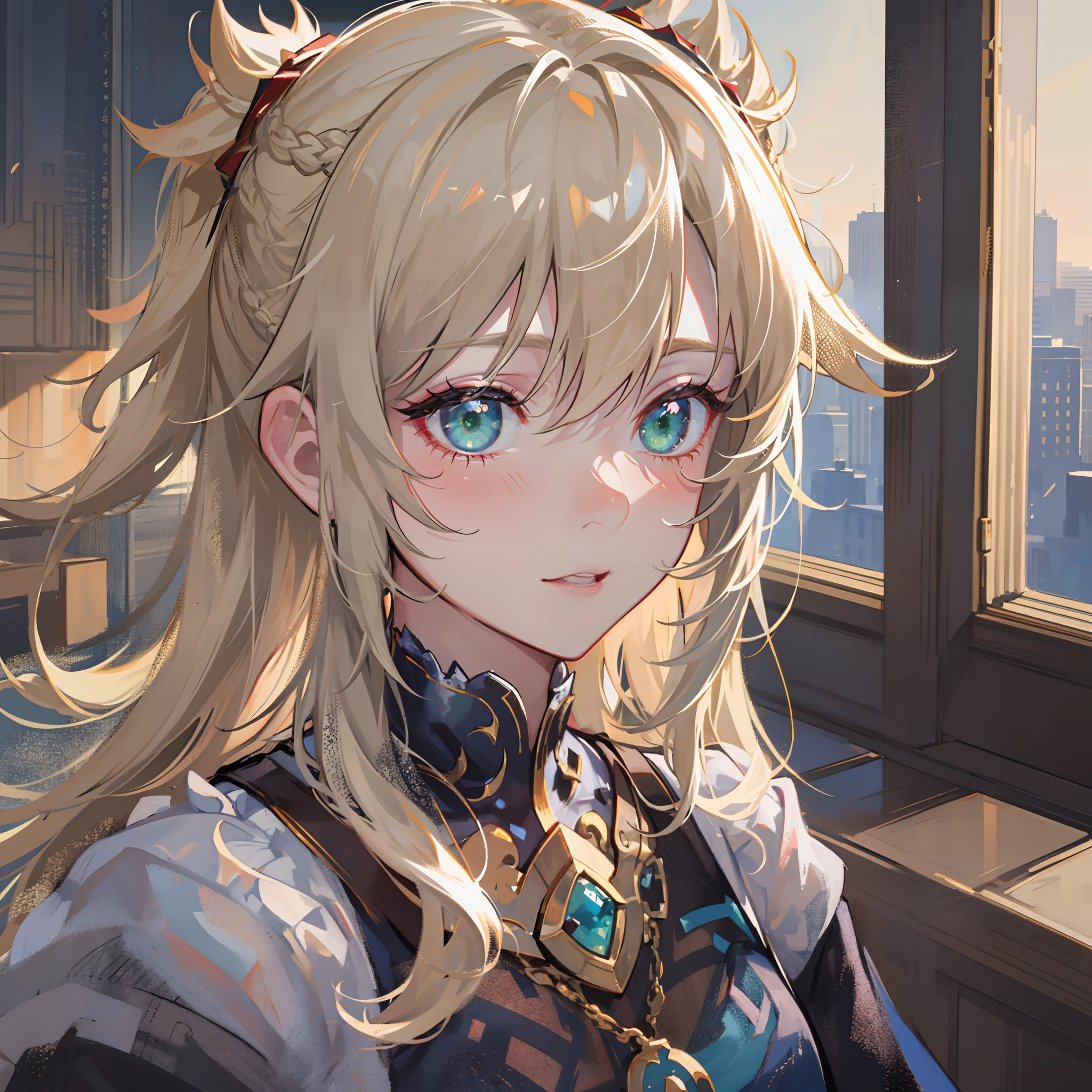 Beautiful, Masterpiece, Best Quality, extremely detailed face, perfect  lighting, mordred \(fate\), 1girl, 独奏, pony tail, Green eyes, braid, Portrait, half closed eyes, blushful, confusion, Shy