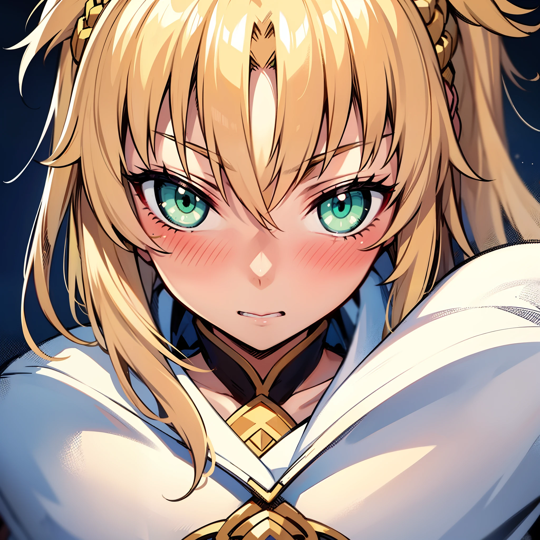 hermoso, Obra maestra, mejor calidad, cara extremadamente detallada, iluminación perfecta, mordred \(destino\), 1 chica, solo, cola de caballo, ojos verdes, trenza, retrato, ojos medio cerrados, sonrojado, confusión, tímido