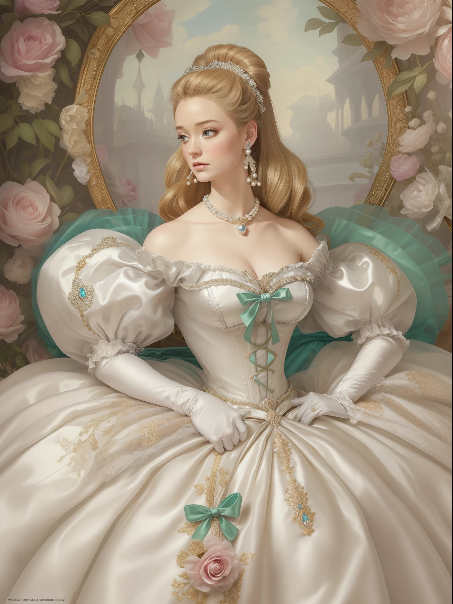 John Tenniel art, frustrated Greer Grammer wearing a stately and elaborate Cinderella ballgown of white satin and tulle adorned with large satin poufs, (((huge ribbon bows))), rosebuds, embroidery and jewels, with (((enormous puffed sleeves))), an hourglass waist, and a (((voluminous crinoline hoopskirt))), (((bustle))),   long white gloves, pearl and diamond necklace and earrings, elaborately curled and styled hair