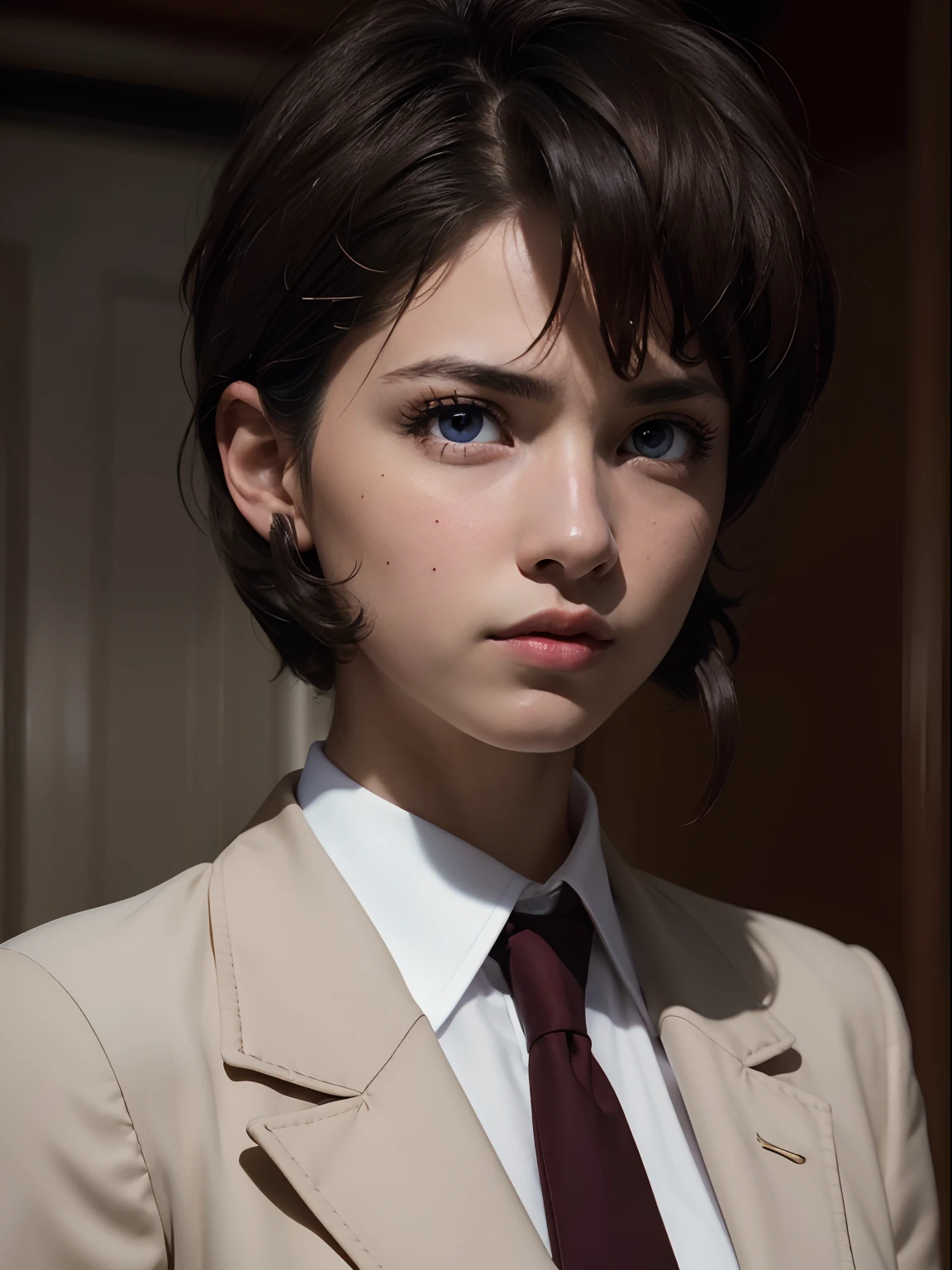 ((Masterpiece)), (high resolution:1.4), (standing:1), (close up:1.2), 1girl, irene vincent, 1girl, short hair, black hair, bangs, sidelocks, blue eyes, looking at viewer, dark skin, large breasts, collared shirt, white shirt, red necktie, brown jacket, long sleeves, open jacket, beautiful face, highly detailed skin, skin pores,(highly detailed face:1.1), (highly detailed eyes:1.1), realistic pupils, full face blush, full lips, (perfect anatomy:1.1), (perfect proportions:1.1), (photography:1.1), (photorealistic:1.1), volumetric lighting, dynamic lighting, real shadows, (highres:1.1), sharp focus, rembrandt lighting, (realistic, hyperrealistic:1.4), intricate, high detail, dramatic, subsurface scattering, big depth of field, vivid, polished, sharpened, ((full Sharp)), (extremely absurdres),16k hdr,