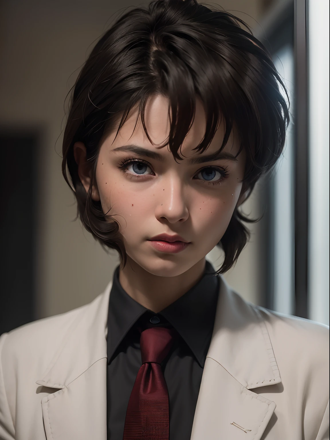 ((Masterpiece)), (high resolution:1.4), (standing:1), (close up:1.2), 1girl, irene vincent, 1girl, short hair, black hair, bangs, sidelocks, blue eyes, looking at viewer, dark skin, large breasts, collared shirt, white shirt, red necktie, brown jacket, long sleeves, open jacket, beautiful face, highly detailed skin, skin pores,(highly detailed face:1.1), (highly detailed eyes:1.1), realistic pupils, full face blush, full lips, (perfect anatomy:1.1), (perfect proportions:1.1), (photography:1.1), (photorealistic:1.1), volumetric lighting, dynamic lighting, real shadows, (highres:1.1), sharp focus, rembrandt lighting, (realistic, hyperrealistic:1.4), intricate, high detail, dramatic, subsurface scattering, big depth of field, vivid, polished, sharpened, ((full Sharp)), (extremely absurdres),16k hdr,