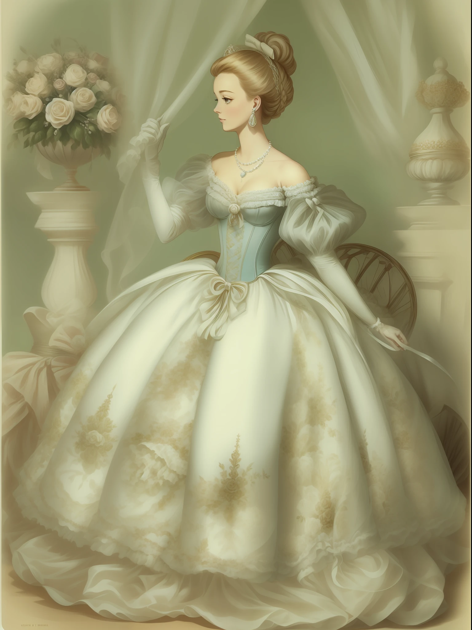 John Tenniel art, frustrated Greer Grammer wearing a stately and elaborate Cinderella ballgown of white satin and tulle adorned with large satin poufs, (((huge ribbon bows))), roses, embroidery and jewels, with (((enormous puffed sleeves))), an hourglass waist, and a (((voluminous crinoline hoopskirt))), (((bustle))),   long white gloves, pearl and diamond necklace and earrings, elaborately curled and styled hair