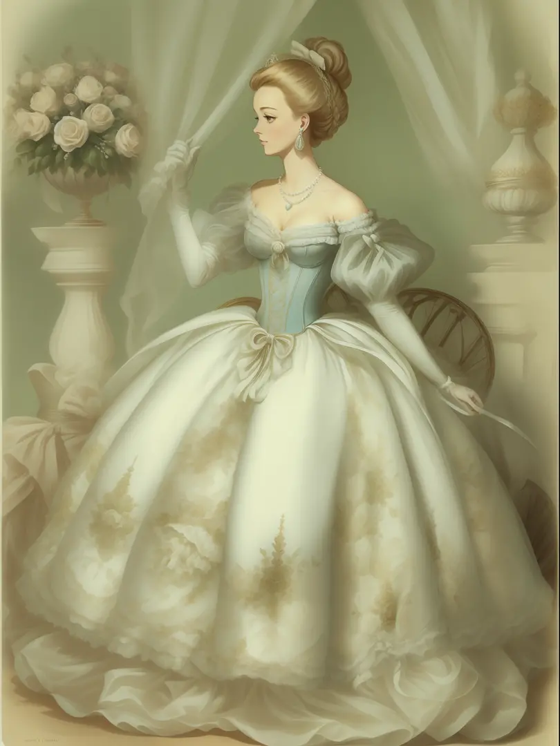 john tenniel art, frustrated greer grammer wearing a stately and elaborate cinderella ballgown of white satin and tulle adorned ...