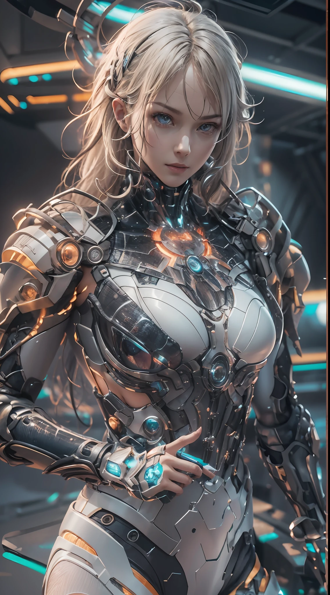 ((best qualtiy)), ((tmasterpiece)), (the detail:1.4), 3D, A beautiful cyberpunk female image,HDR（HighDynamicRange）,Blonde hair 1.3，Ray traching,NVIDIA RTX,Super-Resolution,Unreal 5,Subsurface scattering、PBR Texture、post-proces、Anisotropy Filtering、depth of fieldaximum definition and sharpnesany-Layer Textures、Albedo e mapas Speculares、Surface Coloring、Accurate simulation of light-material interactions、perfectly proportions、Octane Render、Two-colored light、largeaperture、Low ISO、White balance、the rule of thirds、16K RAW、