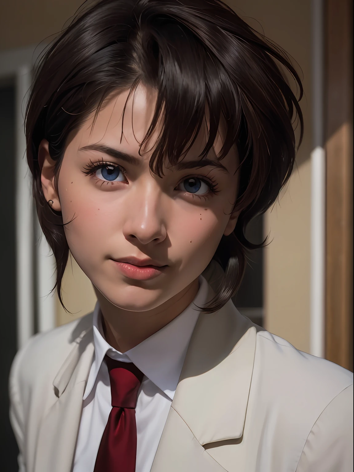 ((Masterpiece)), (high resolution:1.4), (standing:1), (close up:1.4), smile, 1girl, irene vincent, 1girl, short hair, black hair, bangs, sidelocks, blue eyes, looking at viewer, dark skin, large breasts, collared shirt, white shirt, red necktie, brown jacket, long sleeves, open jacket, beautiful face, highly detailed skin, skin pores,(highly detailed face:1.1), (highly detailed eyes:1.1), realistic pupils, full face blush, full lips, (perfect anatomy:1.1), (perfect proportions:1.1), (photography:1.1), (photorealistic:1.1), volumetric lighting, dynamic lighting, real shadows, (highres:1.1), sharp focus, rembrandt lighting, (realistic, hyperrealistic:1.4), intricate, high detail, dramatic, subsurface scattering, big depth of field, vivid, polished, sharpened, ((full Sharp)), (extremely absurdres),16k hdr,