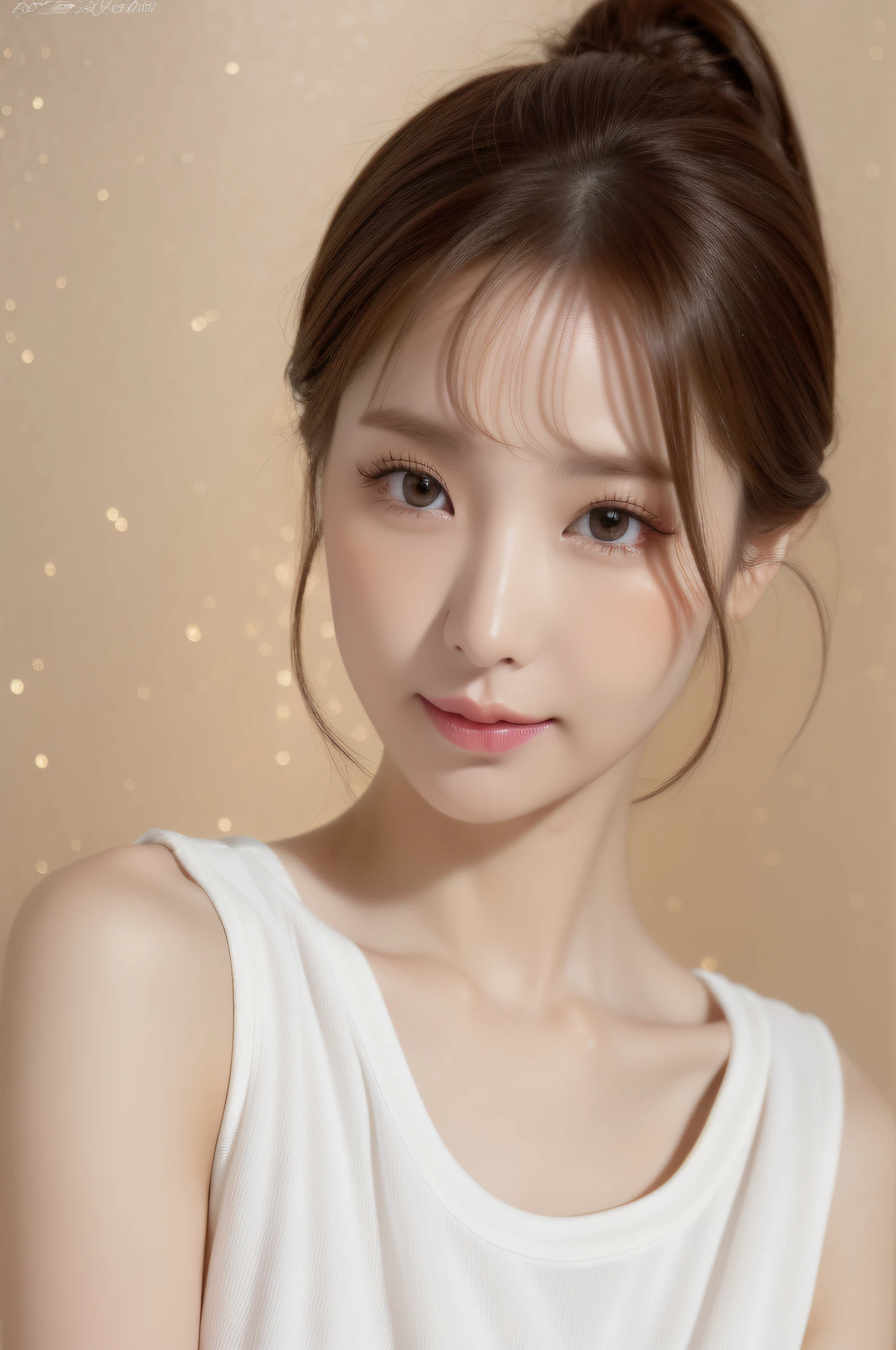 a close up of a woman with a ponytail and a white shirt, popular south korean makeup, cute round slanted eyes, cute natural face, big round cute eyes, with cute doting eyes, round and well-drawn eyes, clear cute face, wan adorable korean face, realistic beautiful big eyes, soft makeup, (CG unity (extreme) detail 8k wallpaper, masterpiece, best quality:1.2), High detail, Best image quality, surreal, Beautiful Women with Perfect Figure, a realistic woman, a beauty woman, a young woman