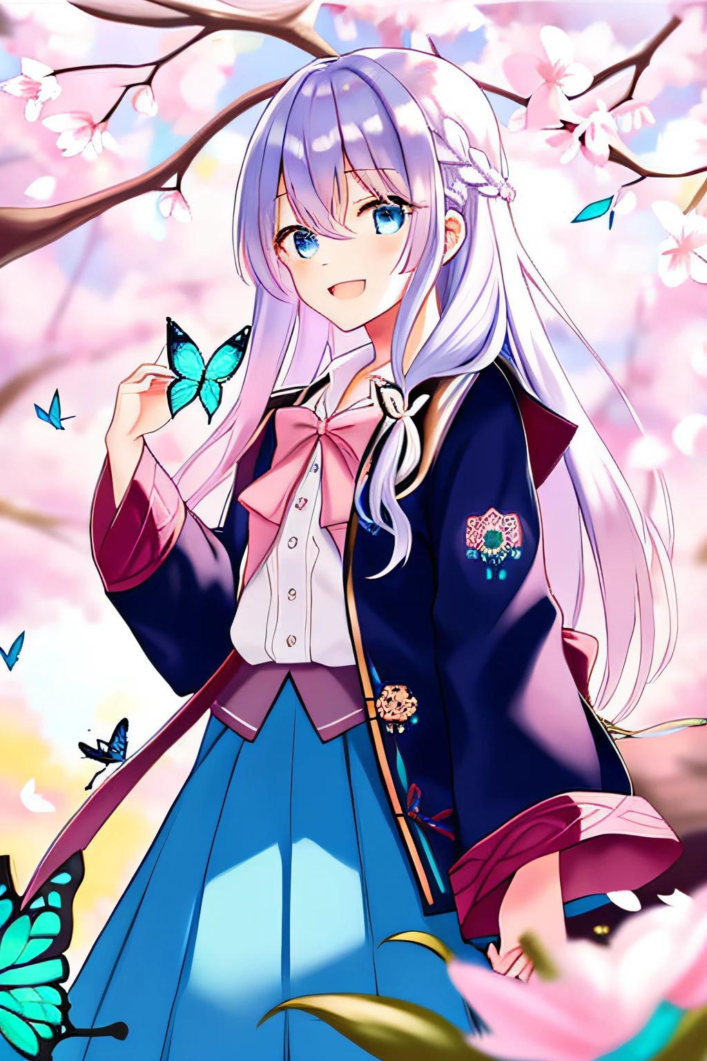 best quality,highly detailed,masterpiece,ultra-detailed,butterfly,flower, petals, blue_butterfly,1girl, braid, open_mouth, long_hair, pink_flower, blurry_background, smile, white_shirt, holding, solo, tree, outdoors, skirt,shirt, cherry_blossoms, looking_at_viewer, silver_hair, day