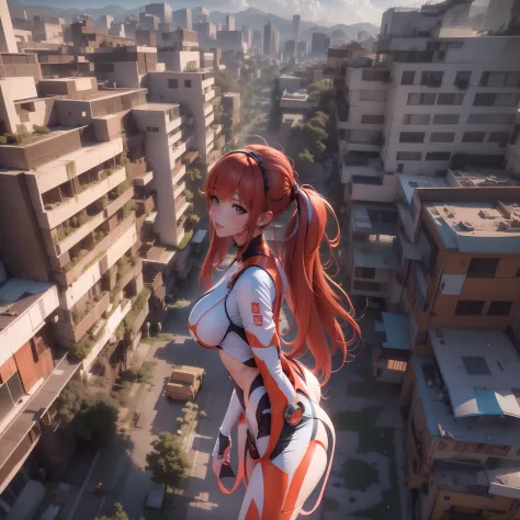 ((hiperrealista)), ((cinematic scene)), asuka langley shikinami, grabbing her breasts, in a futuristic city at noon, llevar un t...