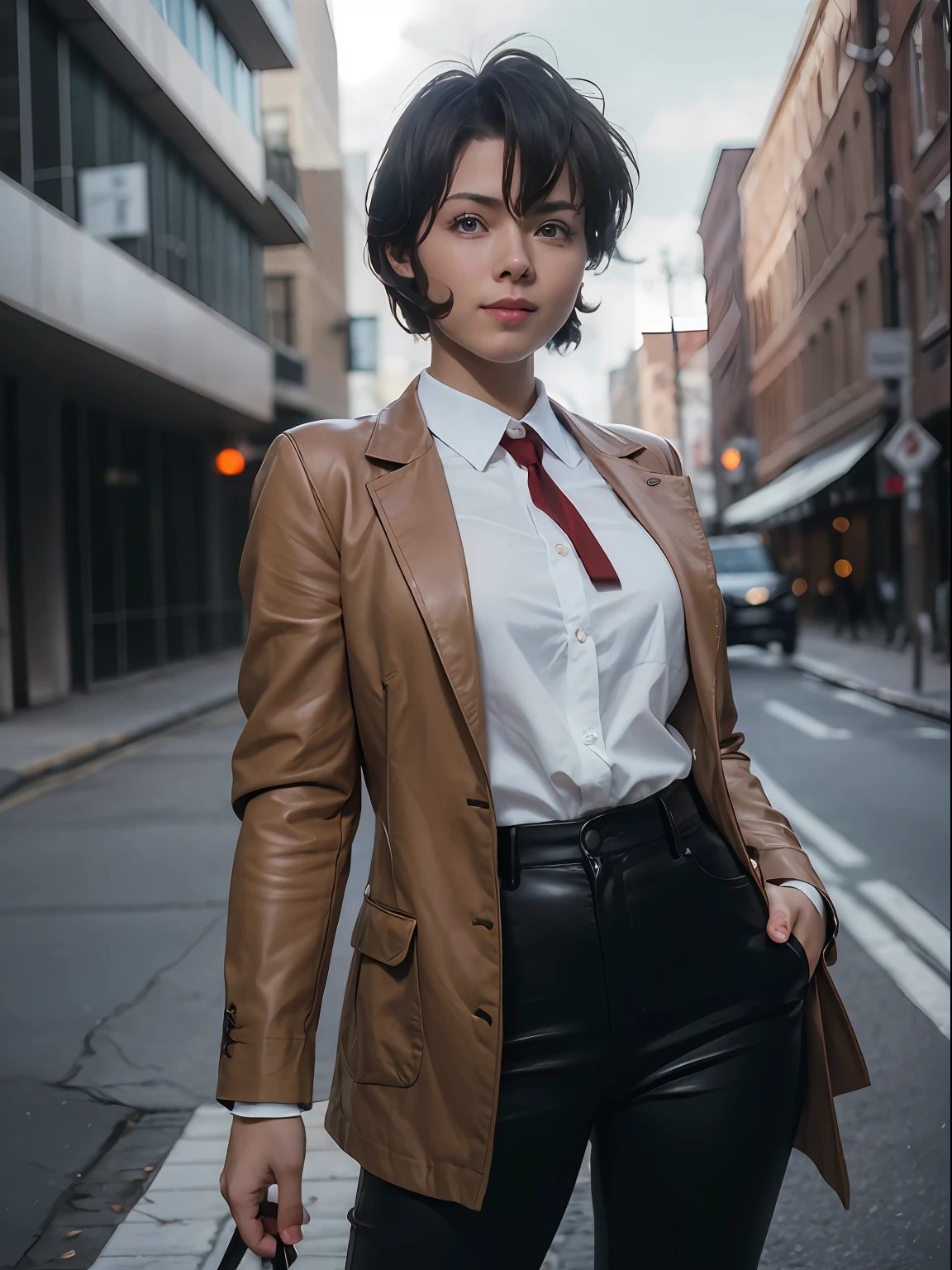 ((Masterpiece)), (high resolution:1.4), (standing:1.5), (dynamic pose:1.4), smile, 1girl, irene vincent, 1girl, short hair, black hair, bangs, sidelocks, blue eyes, looking at viewer, dark skin, large breasts, collared shirt, white shirt, red necktie, brown jacket, long sleeves, open jacket, beautiful face, highly detailed skin, skin pores,(highly detailed face:1.1), (highly detailed eyes:1.1), realistic pupils, full face blush, full lips, (perfect anatomy:1.1), (perfect proportions:1.1), (photography:1.1), (photorealistic:1.1), volumetric lighting, dynamic lighting, real shadows, (highres:1.1), sharp focus, rembrandt lighting, (realistic, hyperrealistic:1.4), intricate, high detail, dramatic, subsurface scattering, big depth of field, vivid, polished, sharpened, ((full Sharp)), (extremely absurdres),16k hdr,