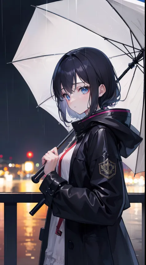 {{masterpiece, 8k, extremely CG 8k unreal, best-quality, wallpaper}} 1girl, night city, rain, Coat, transparant umbrella, behind camera, close up, sad