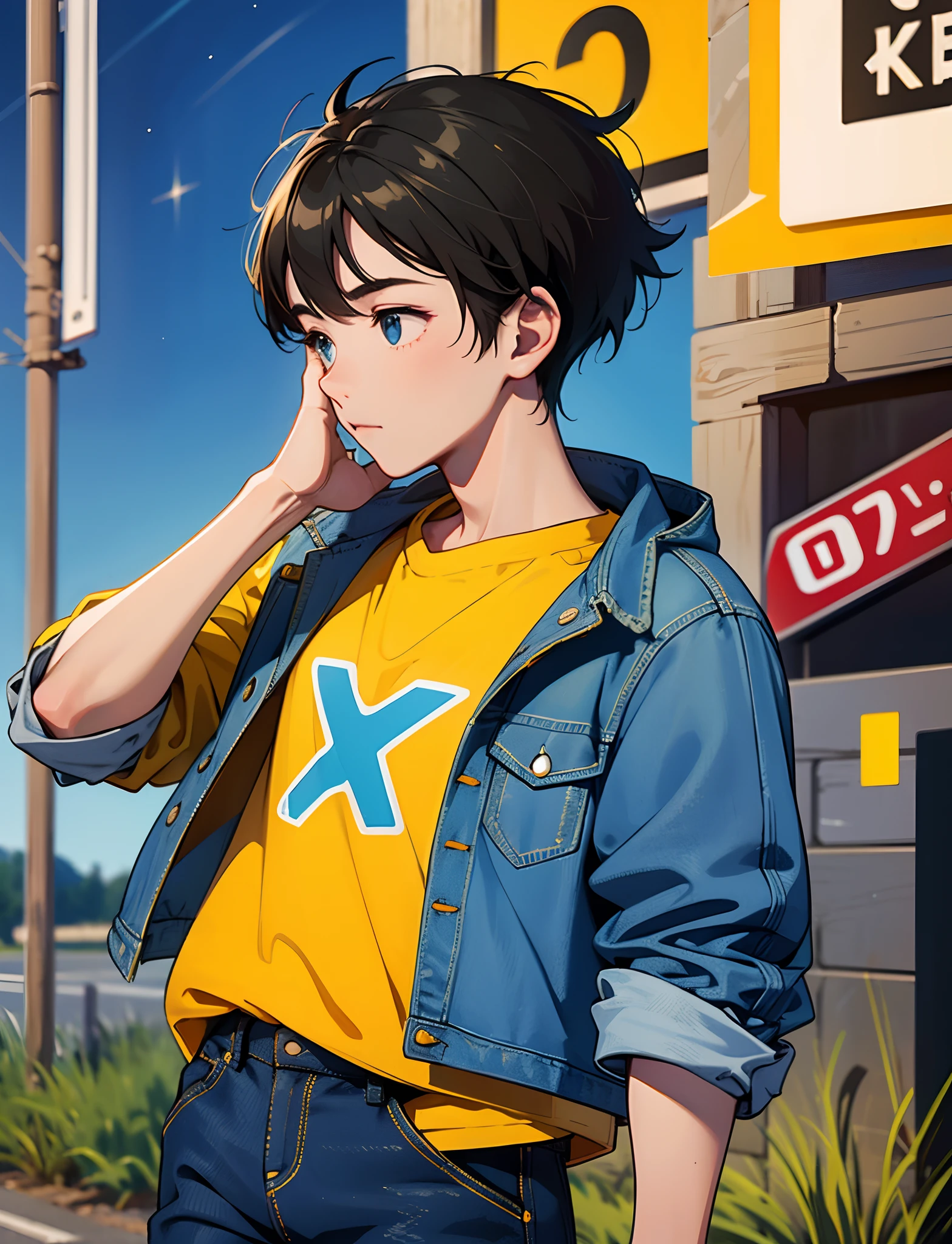 A young boy with，Wear a denim jacket，Wear sneakers，Walk on country roads，the night，looking up and counting the stars in the sky，Close-up of people，Ultra-high definition