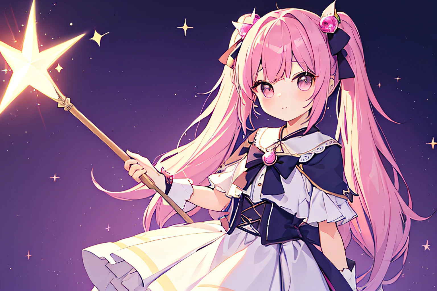 (masterpiece, best quality), cute girl, (kawaii:1.1), little girl, twin tails, pink hair, magical girl, fluffy dress, sparkling eyes, holding magical stick, sparkling background, cowboy shot, v,