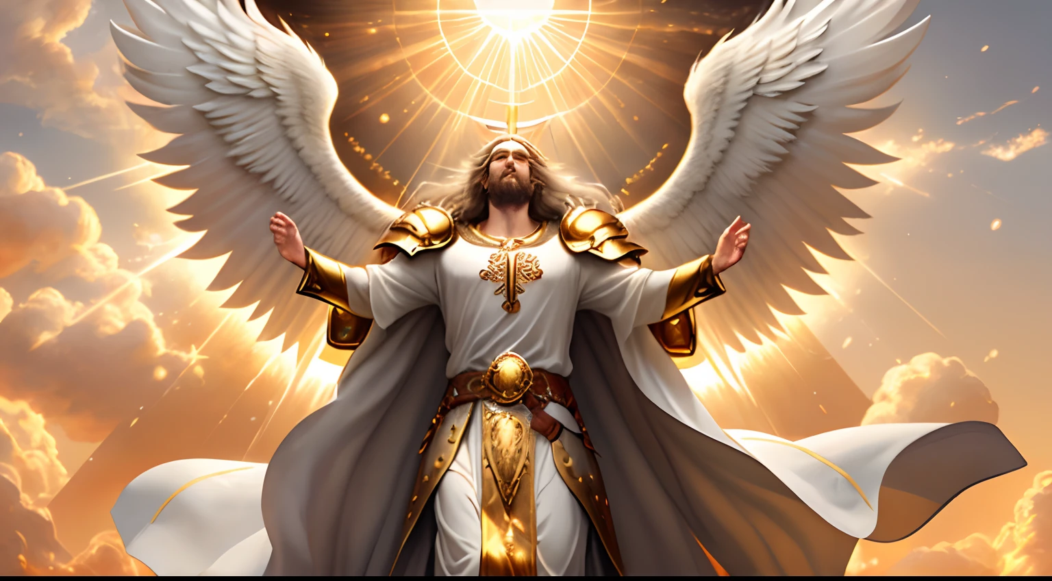 Jesus second coming in the heavens, face like the midday sun, crown, a tunic and a golden breastplate, hair as white as snow, eyes as flames of fire, feet as refined bronze in the furnace, light smile, Surrealism, backlighting, cinematic lighting, high quality, high details, best quality