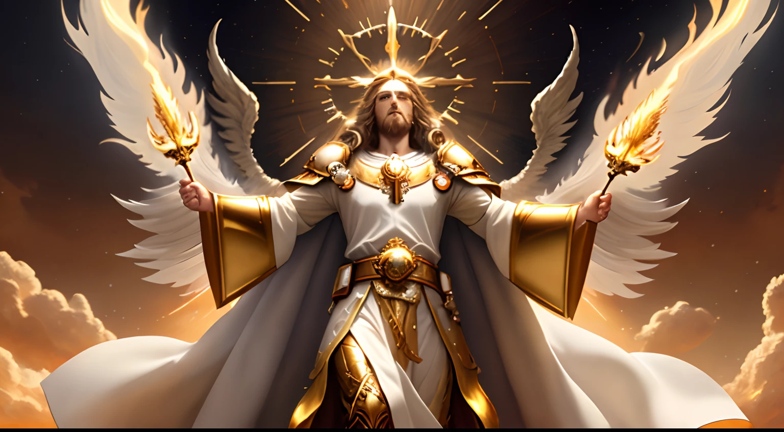 Jesus second coming in the heavens, face like the midday sun, crown, a tunic and a golden breastplate, hair as white as snow, eyes as flames of fire, feet as refined bronze in the furnace, light smile, Surrealism, backlighting, cinematic lighting, high quality, high details, best quality