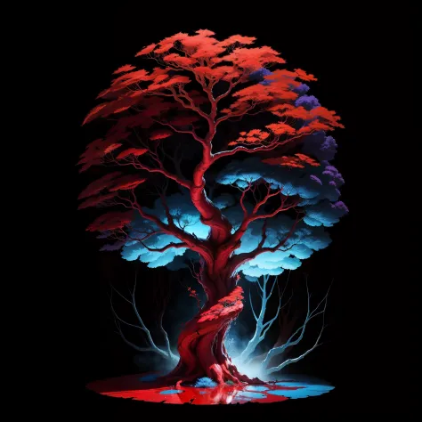 "A stunning red blood tree with mesmerizing blue liquid cascading down its delicate leaves, creating a magical spectacle on Eart...