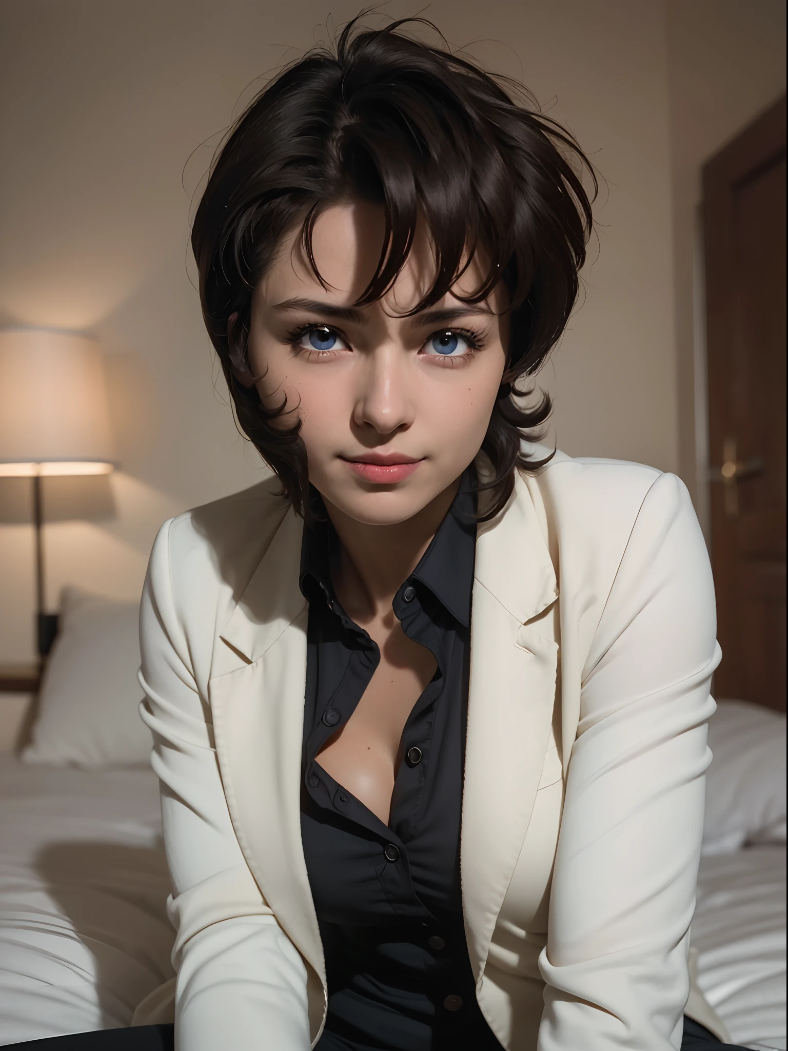 ((Masterpiece)), (high resolution:1.4), (sitting on the bed:1.5), (dynamic pose:1.4), (erotic pose:1.2), erotic smile, 1girl, irene vincent, (1girl), short hair, black hair, bangs, sidelocks, blue eyes, looking at viewer, dark skin, large breasts, collared shirt, white shirt, open shirt, brown jacket, long sleeves, open jacket, beautiful face, highly detailed skin, skin pores,(highly detailed face:1.1), (highly detailed eyes:1.1), realistic pupils, full face blush, full lips, (perfect anatomy:1.1), (perfect proportions:1.1), (photography:1.1), (photorealistic:1.1), volumetric lighting, dynamic lighting, real shadows, (highres:1.1), sharp focus, rembrandt lighting, (realistic, hyperrealistic:1.4), intricate, high detail, dramatic, subsurface scattering, big depth of field, vivid, polished, sharpened, ((full Sharp)), (extremely absurdres),16k hdr,