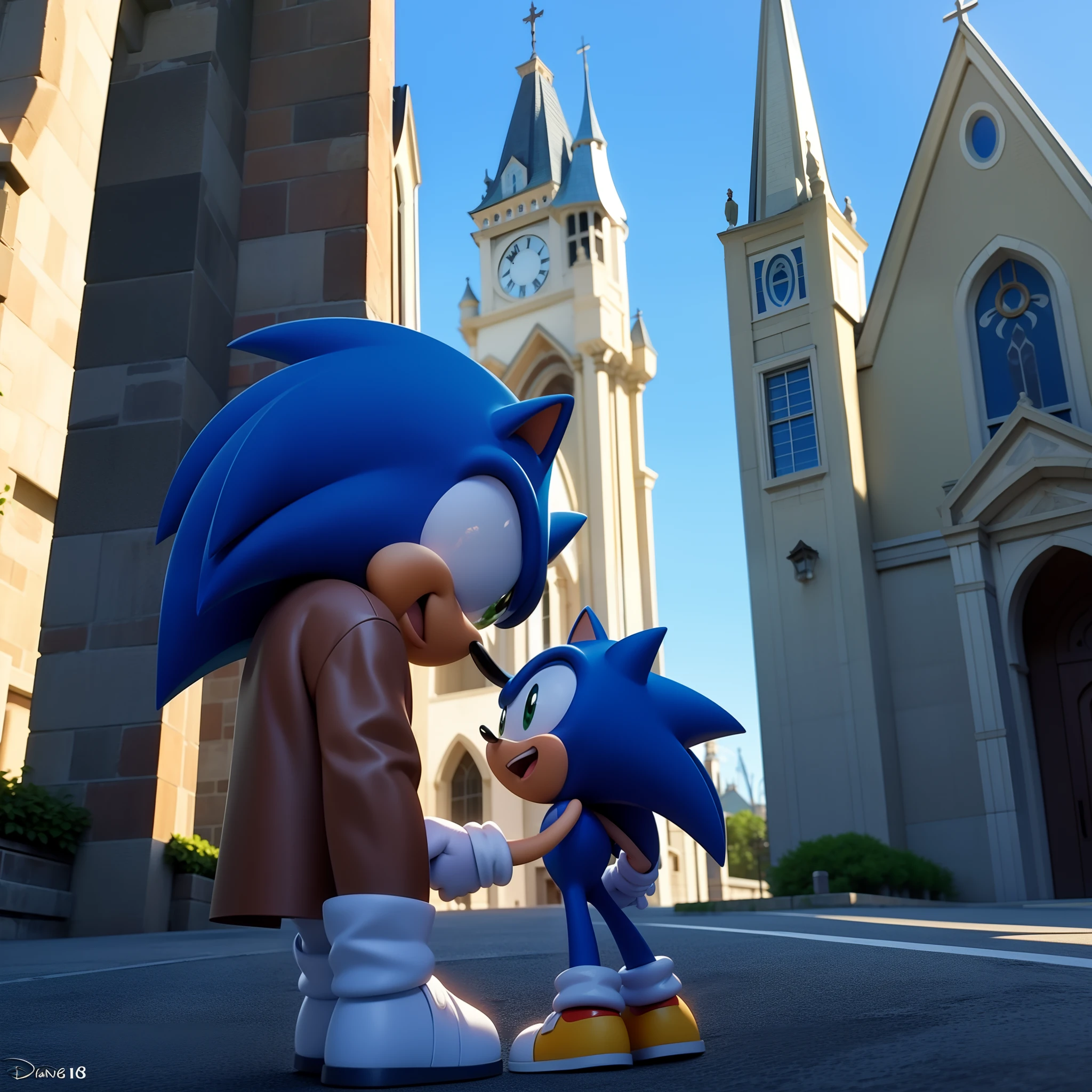 Sonic and tails statue in front of a church - SeaArt AI