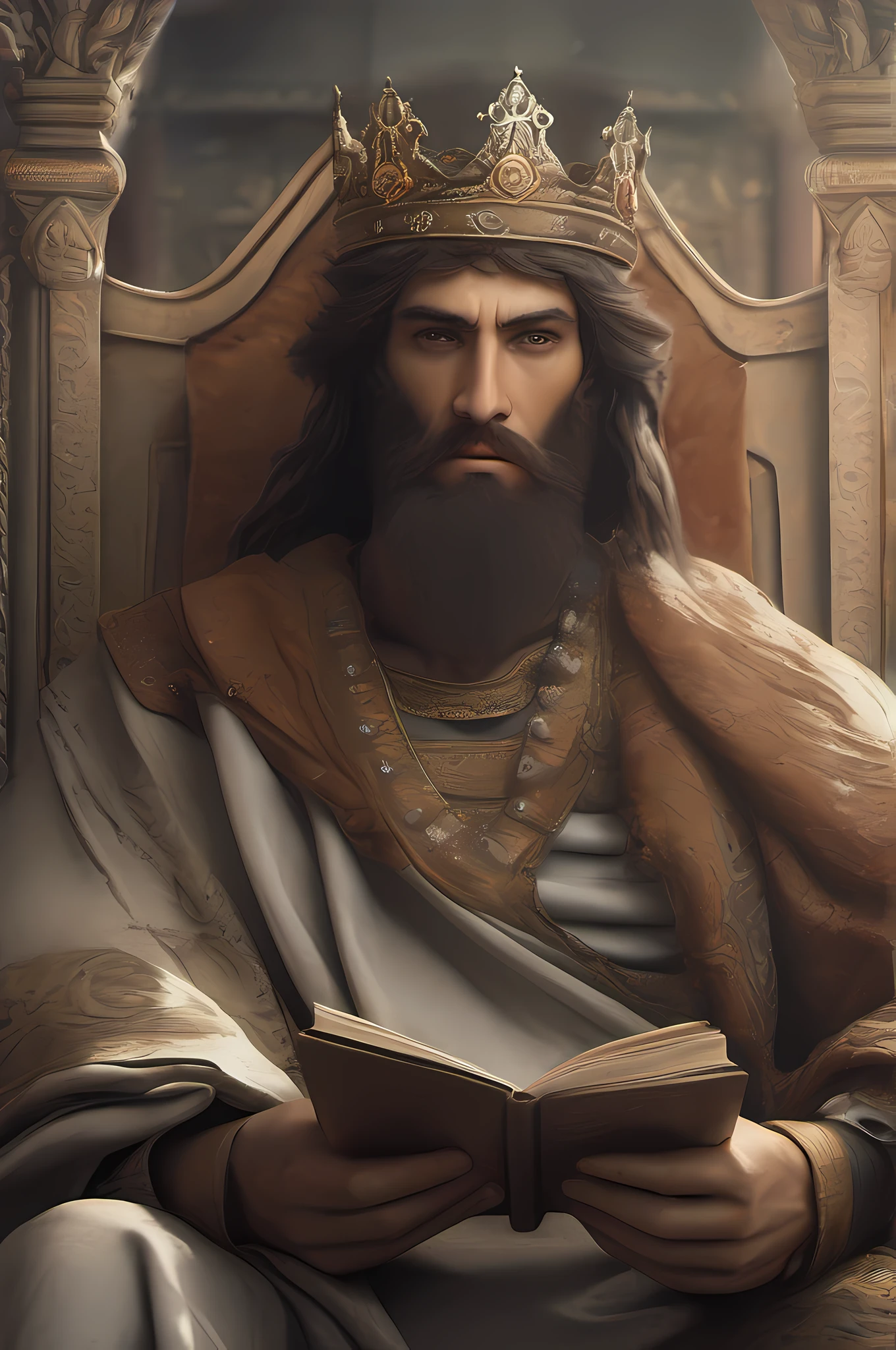 A portrait of Solomon the son of David, wearing a crown in his head, holding a scroll, bearded, wrinkled, weathered, with piercing eyes, detailed face, high details, photography,  siting in his throne, natural light, Sony Alpha, 50mm, f/1.4