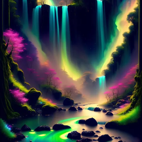 a painting of a stream in a forest with a waterfall in the background and a bright aurora bore above , chaingirldark style elega...