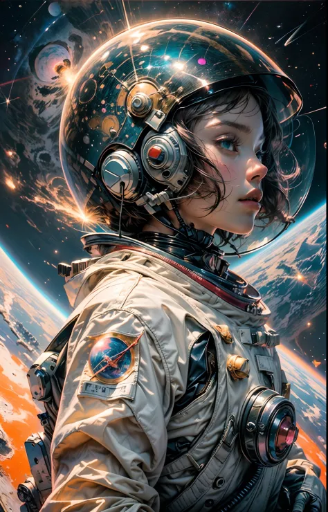 "((masterpiece)), best quality, pink, a delicate astronaut exploring a bubblegum world, light and space, a wide variety of pastel shades, All in high definition and detail, such as zero gravity, helmet visor displaying the universe, deep space, stars, gala...