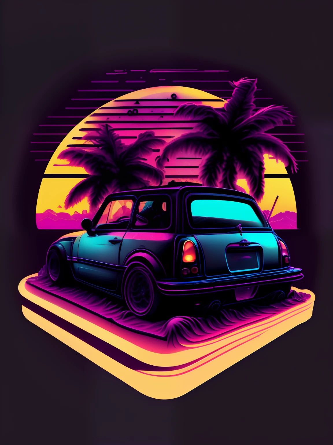 un mini Cooper frente a la puesta de sol, Estilo Vaporwave, estilo neón, líneas suaves, Arte de pegatina vectorial, Núcleo vectorial, Detalles intrincados, Diseño de camiseta negra., 8k