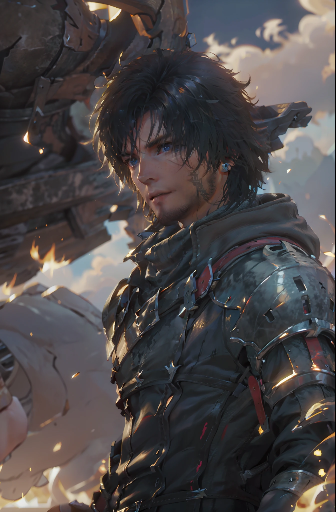 (absurdities, High Resolutions, ultra detailed, HdR), masterpiece, The best quality, final fantasy xvi, clive rosfield, 1man only, handsome, short hair, black hair, vibrant blue eyes, fine eyes and detailed face, armor, ((Intricate weapon)), combat pose,  over hill, fire flames behind, affected smile, annoying.