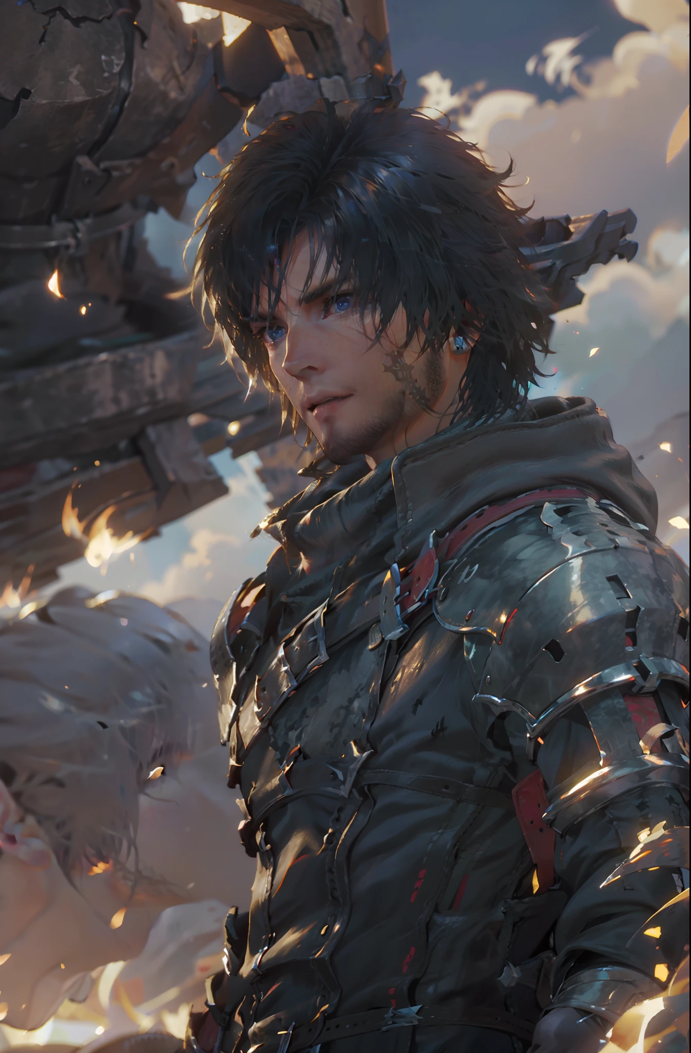 (absurdities, High Resolutions, ultra detailed, HdR), masterpiece, The best quality, final fantasy xvi, clive rosfield, 1man only, handsome, short hair, black hair, vibrant blue eyes, fine eyes and detailed face, armor, ((Intricate weapon)), combat pose,  over hill, fire flames behind, affected smile, annoying.