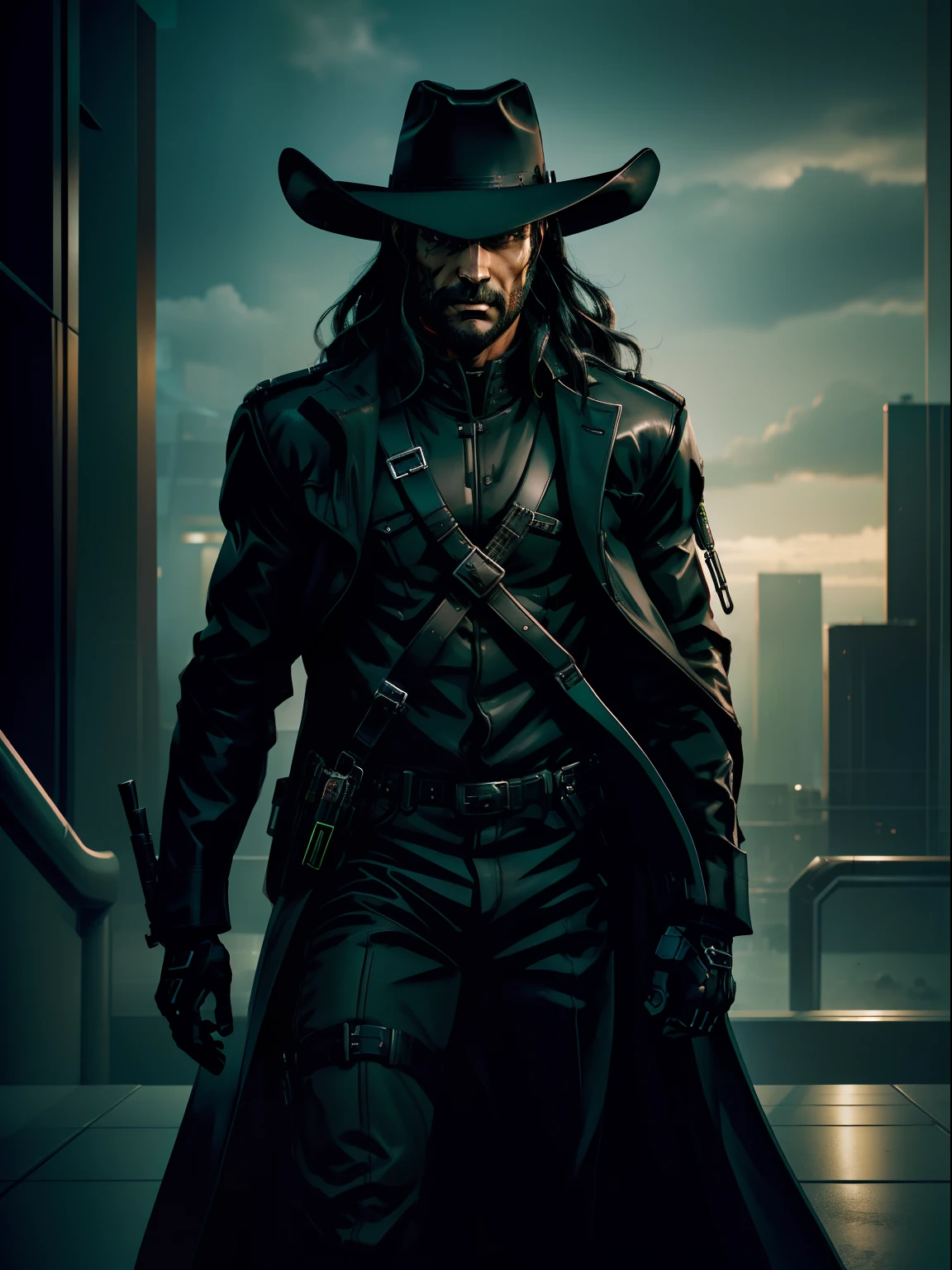 Erschaffe einen futuristischen Cowboy-Cyborg mit langen schwarzen Haaren und Fünf-Uhr-Schatten. Er trägt einen Cowboyhut, Langer schwarzer Trenchcoat, grünes Hemd mit Hosenträgern. aufgenommen mit Sony A7s iii, Science-Fiction,