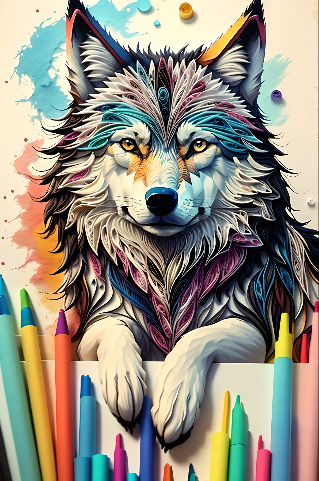 wolf, mehrdimensionales Quilling-Papier, Kunst, chibi,
yang08k, Schön, Bunt,
Meisterwerke, Top Qualität, beste Qualität, official Kunst, Schön and aesthetic, sauber einzigartig, und mit einer Katze,