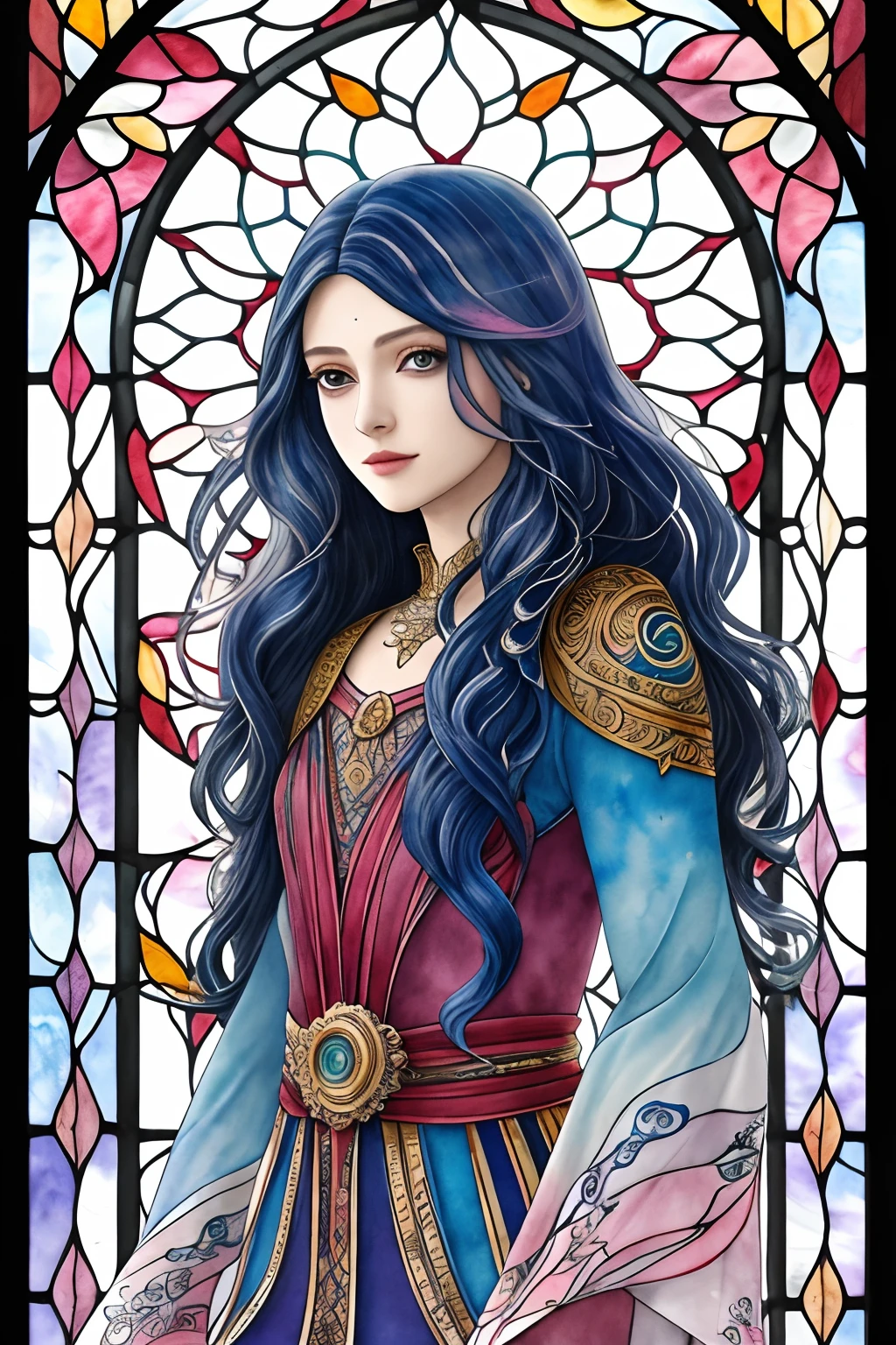 tide play,luxray, split color hair, wind, flying petals, stainedglassai, ornamental, intricate details, dufkova, 2d, lineart, watercolor, ink watercolor, random color hair, super long hair, wavy, 1girl,alraune,flower, alraune,