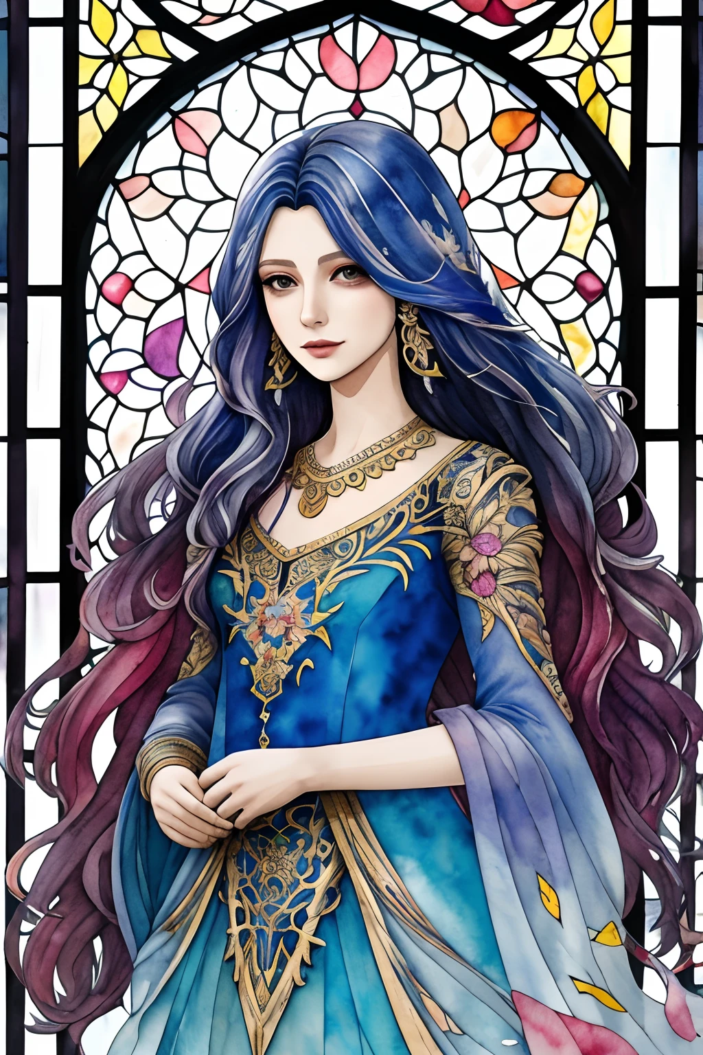 tide play,luxray, split color hair, wind, flying petals, stainedglassai, ornamental, intricate details, dufkova, 2d, lineart, watercolor, ink watercolor, random color hair, super long hair, wavy, 1girl,alraune,flower, alraune,