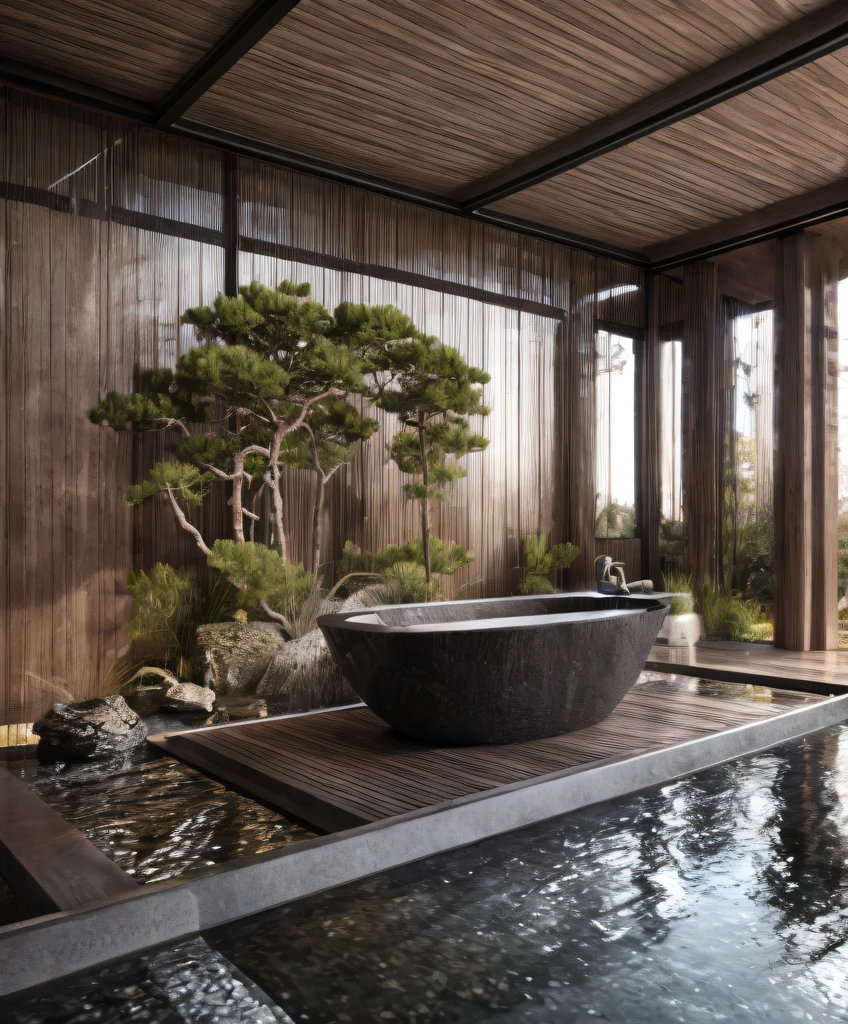 Dark bathroom with a dark stone bahtub, detailed dark aesthetic design of a bathroom, beaded black stone wall, glass window on the roof, pink zen biophilic style, shower on the right, japanese house, kyoto inspired, concept art. 8 k, excellent 3d render, high-end onsen, vray 8k render, japanese inspiration concept, enscape render, natural realistic render