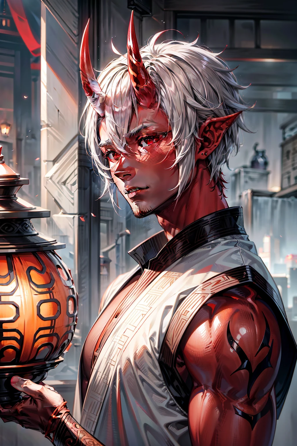 male people, A man，short detailed hair，ember，white backgrounid，Gray tones。masterpiece, best quality, ultra high res, beautiful, visually stunning, elegant, incredible details, award-winning art, 0n1, red skin, oni horns, oni, red oni, colored skin,