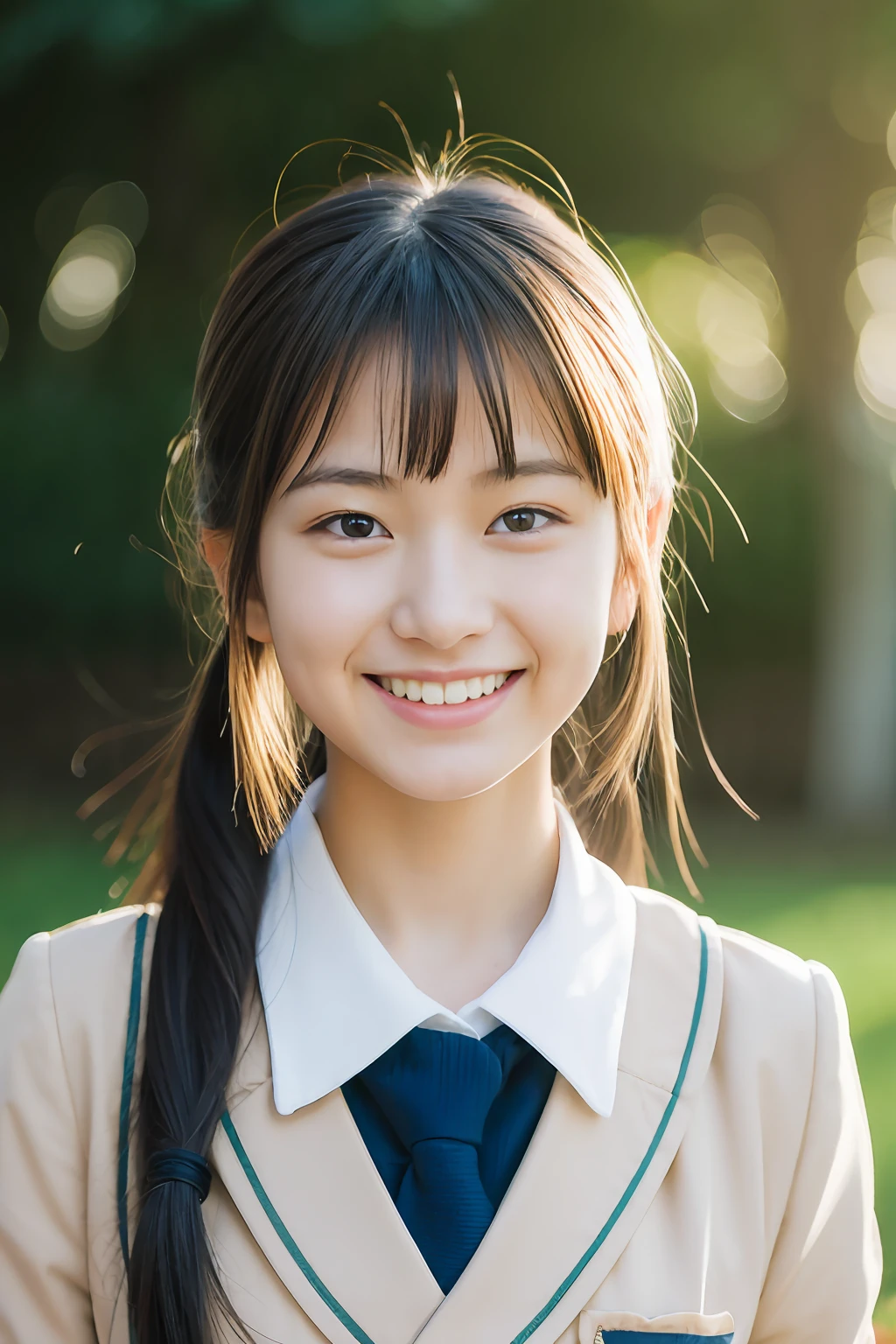 Lens 135mm f1.8, (Best Quality),(Raw photo), (masutepiece:1.1), (Beautiful 18 year old Japan girl), cute  face,  (Chiseled face:0.7), (hitornfreckles:0.6), Dappled sunlight, Dramatic Lighting, (Japan school uniform), (in a school), Shy, poneyTail, (Close-up shots of:1.2), (Laugh),, (Sparkling eyes)、(sunlights),