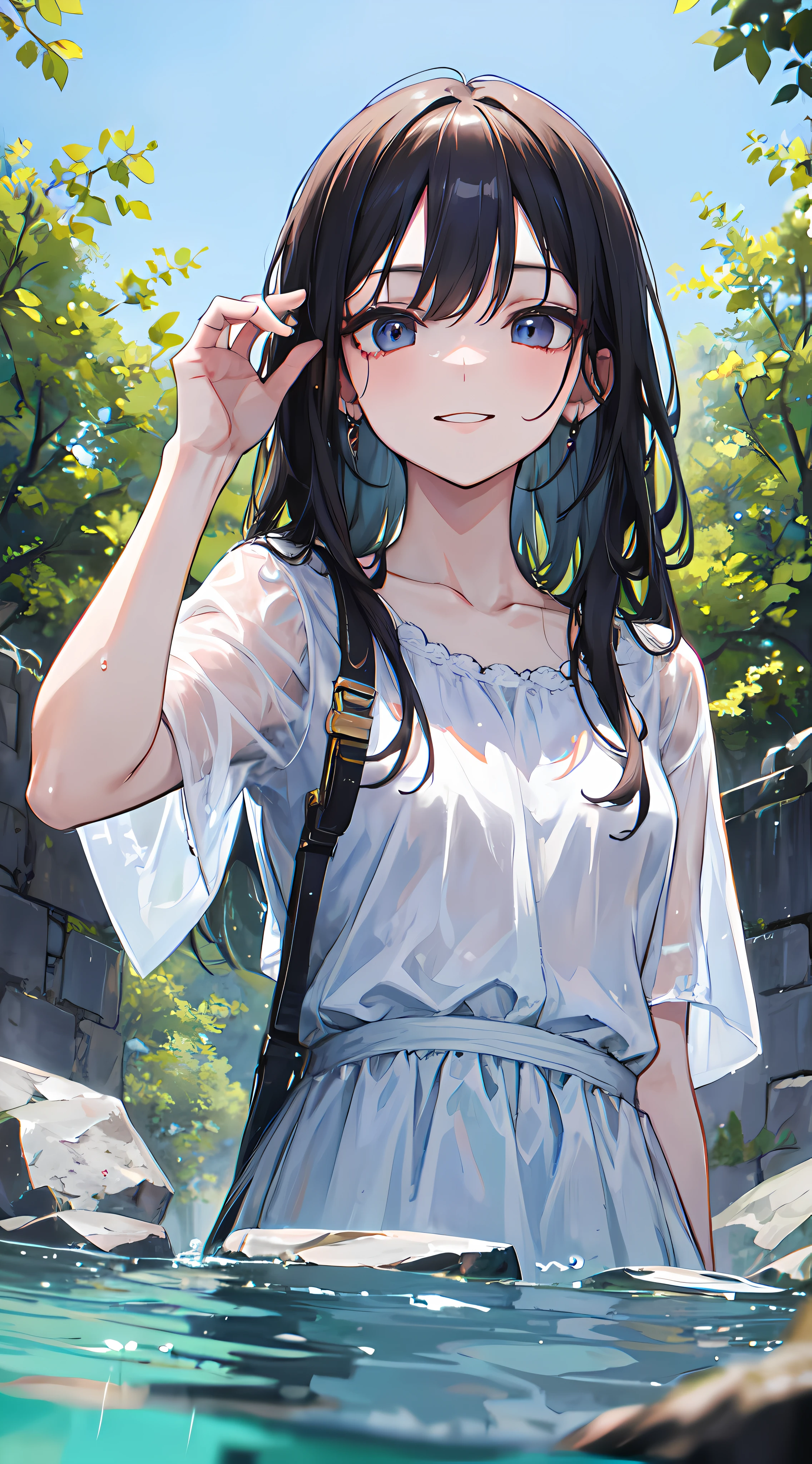 (masterpiece, best quality:1.4), 8k, official art, raw photo, absurdres, from below, girl, evil smile, upper body, sitting, white summer dress, wet, see-through, stone bridge, ruins, sky, woods, stream, detailed shadow, light leaks, perspective, depth of field, sharp focus, highres, ultra detailed, finely detail, extremely detailed, (detailed eyes and face, sharp pupils, realistic pupils:0.6)