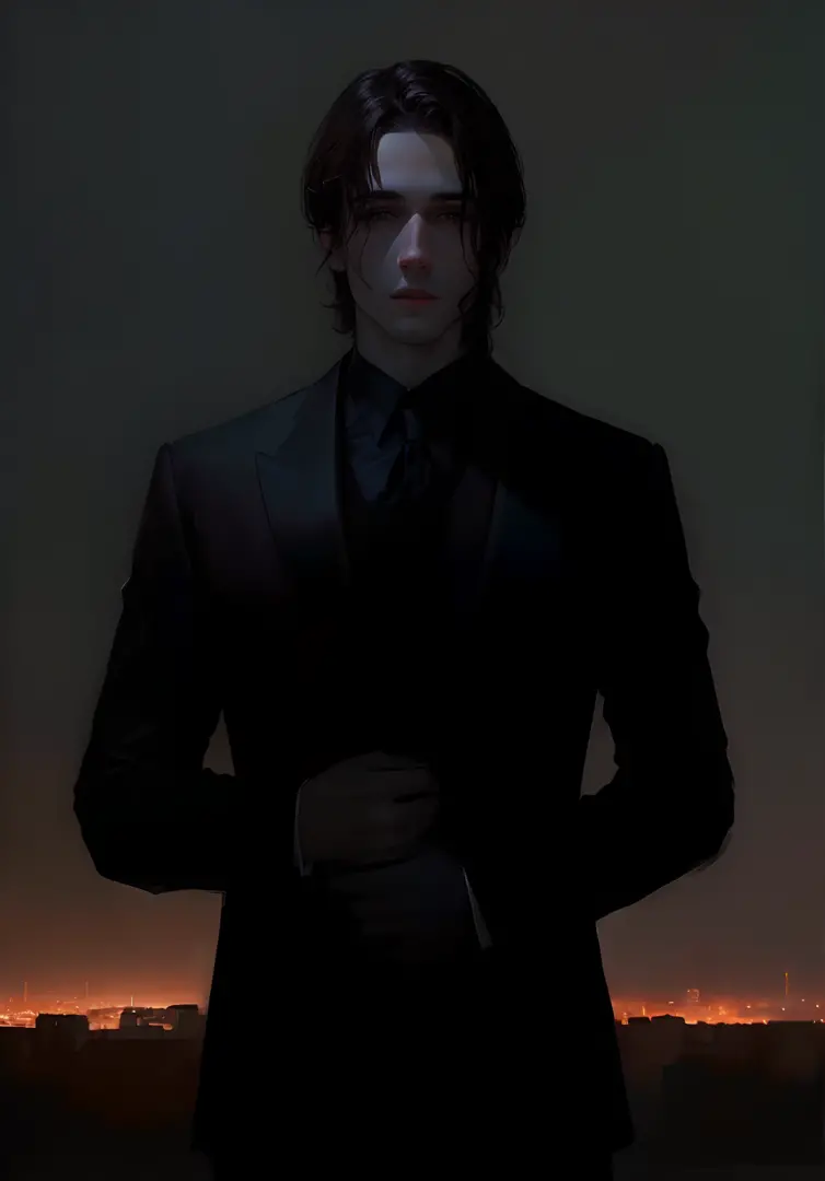 Pale white man with medium dark brown hair and no beard in a black suit, pintura, arte, olhos brilhantes