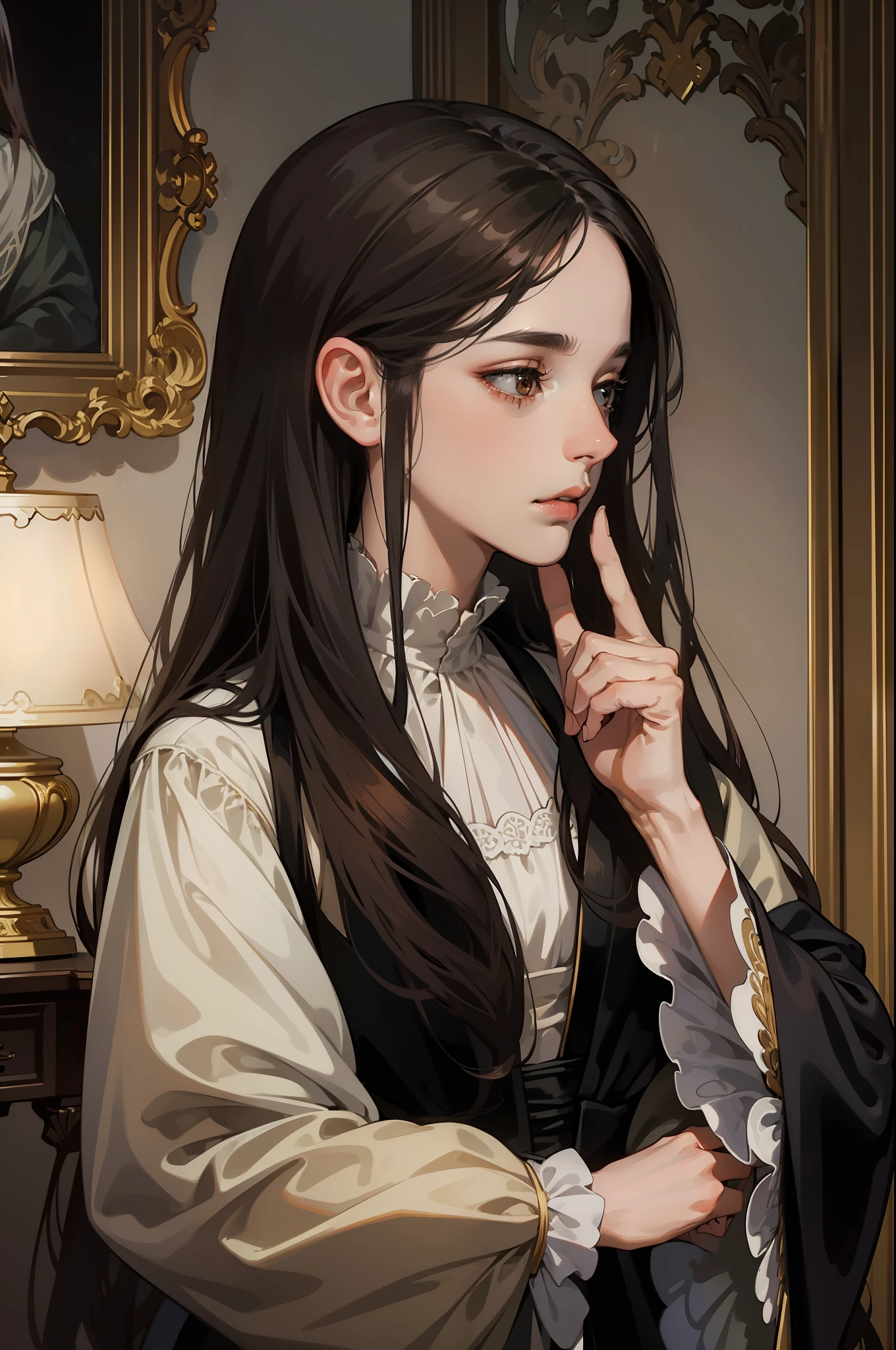 ((masterpieces)), best quality, outstanding illustration, a couple kissing, soft focus, 1 boy with long black hair, 1 girl with long brown hair, Victorian clothes, Victorian romanticism, opulent and exquisite atmosphere, soft light and warm lighting.