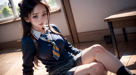 there is a woman sitting on the floor with a tie on, a hyperrealistic schoolgirl, hyperrealistic schoolgirl, realistic schoolgir...