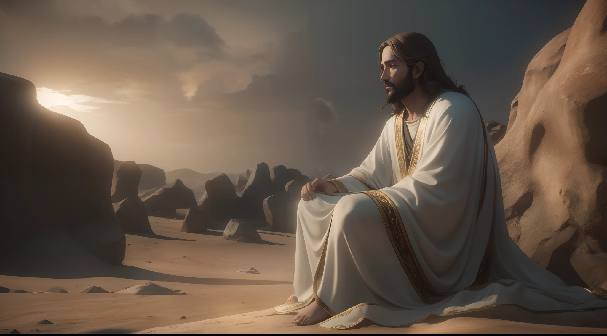 Jesus sitting on a rock in the desert with a sunset behind him - SeaArt AI