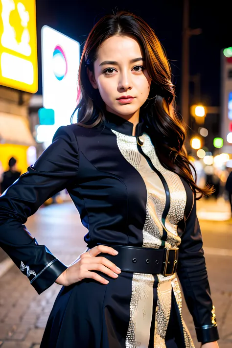 (dilraba:1),looking at viewer,cute, (National costume)1girl, (police woman:1), uniform, night street, lighting on face, bright b...