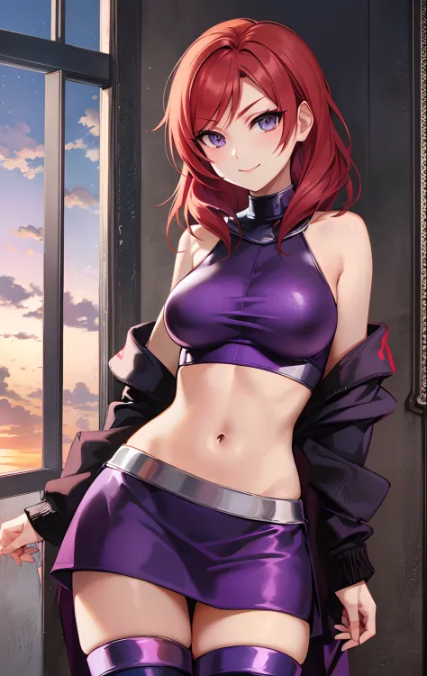 Nishikino maki, Purple eyes,red hair, skirt, crop top, purple thighhighs, bare shoulders, smile