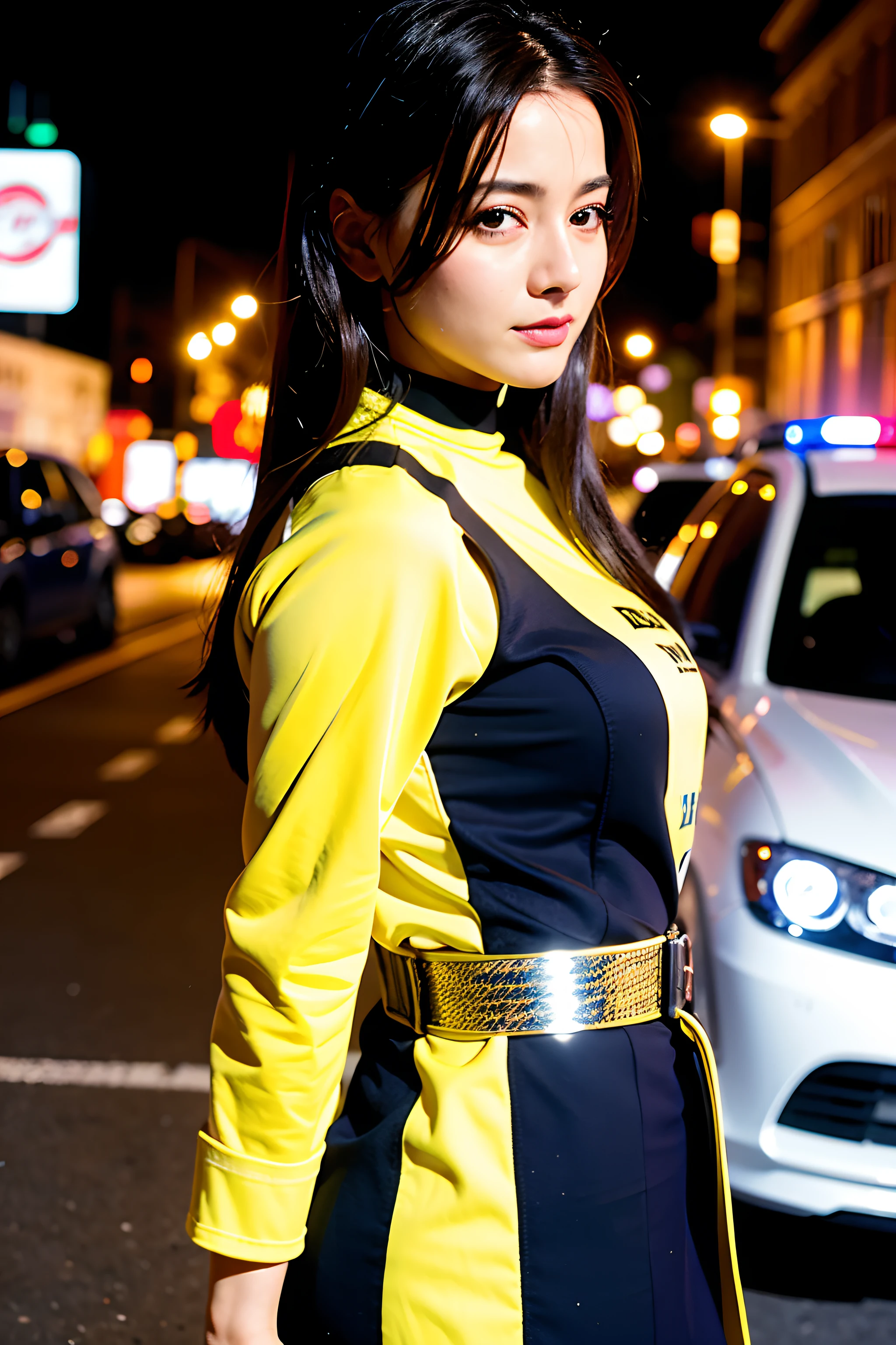 (dilraba:1),looking at viewer,cute, (National costume)1girl, (police woman:1), uniform, night street, lighting on face, bright back lighting, medium breast, ultra high res, best quality, photo, 8k, (photorealistic:1.2),(police car:1),