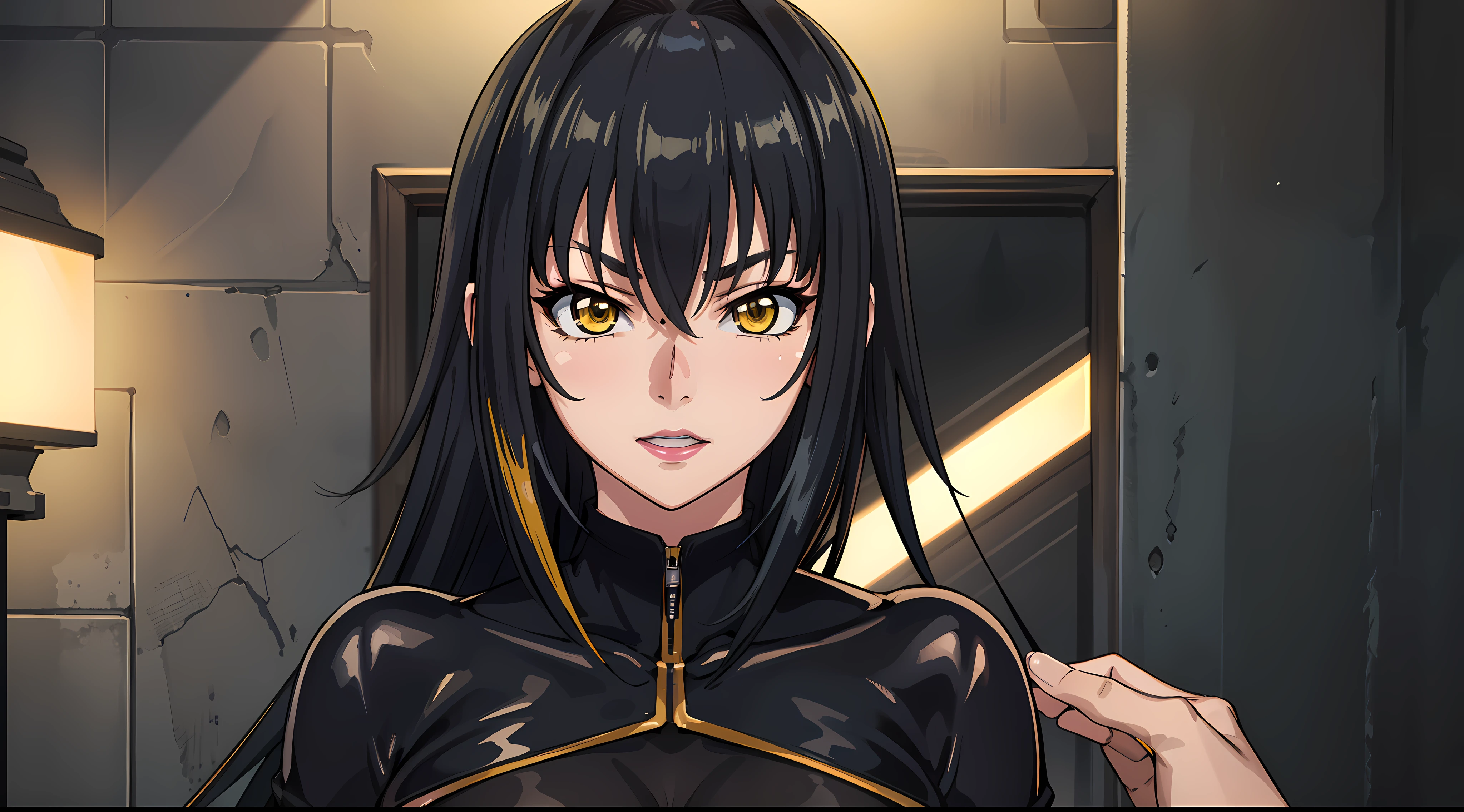 professional artwork, Intricate Details, field of view, sharp focus, detailed painting, photorealistic lighting, trending on pixiv, Standing at attention, black outfit ,yellow collared shirt,black bodysuit,skin_tight,black legwear, black pantyhose, Side_boob, black hair,very long hair, Bangs,yellow eyes,makeup, lipstick, 35yo,mature female,Beautiful Finger,Beautiful long legs,Beautiful body,Beautiful Nose,Beautiful character design, perfect eyes, perfect face, looking at viewer,official art,extremely detailed CG unreal engine, 8k wallpaper, perfect lighting,Colorful, Bright_Front_face_Lighting, (masterpiece:1.0),(best_quality:1.0), ultra high res,4K,ultra-detailed, photography, 8K, HDR, highres, absurdres:1.2, Kodak portra 400, film grain, blurry background, (Beautiful,large_Breasts:1.4), (beautiful_face:1.5),(narrow_waist), (solo:1.4), ((landscape dimension)),