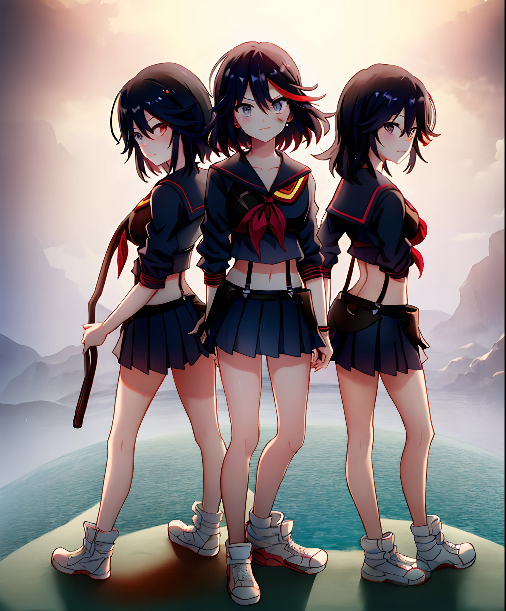 masterpiece, best quality, ultra-detailed, illustration,bandaid,matoi_ryuuko:1.3, bandaid_on_face,2girls,black_hair,injury,bandaid_on_leg,bandages,bandaid_on_nose,suspenders,multicolored_hair,bruise,skirt,bandage_on_face,short_hair,red_hair,serafuku,streaked_hair,midriff,bandaid_on_knee,senketsu, duo, pleated_skirt,full body, hand on hip,sun set:2,ocean:2,depth of field, cloudy sky, view at the back, Kamakura,handrail, water reflection, twins, opposite hair color, dual pose