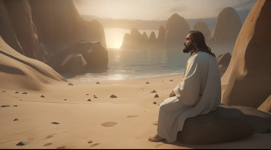 Jesus sitting on a stone with a kiss robe, em um lugar deserto.  There are hundreds of disciples listening , 0s twelve apostles ...
